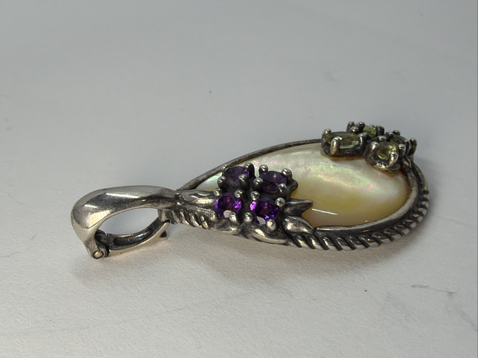 Vtg Carolyn Pollack Relios Mother Pearl Multi stone Flower Butterfly Pendant 925