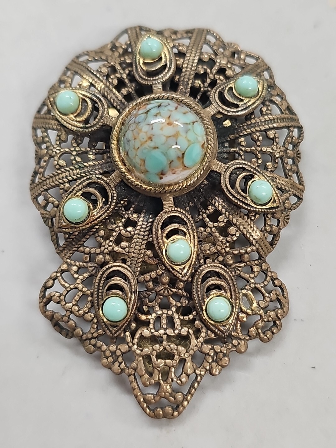 Vintage Metal Filigree Faux Turquoise Fur Clip