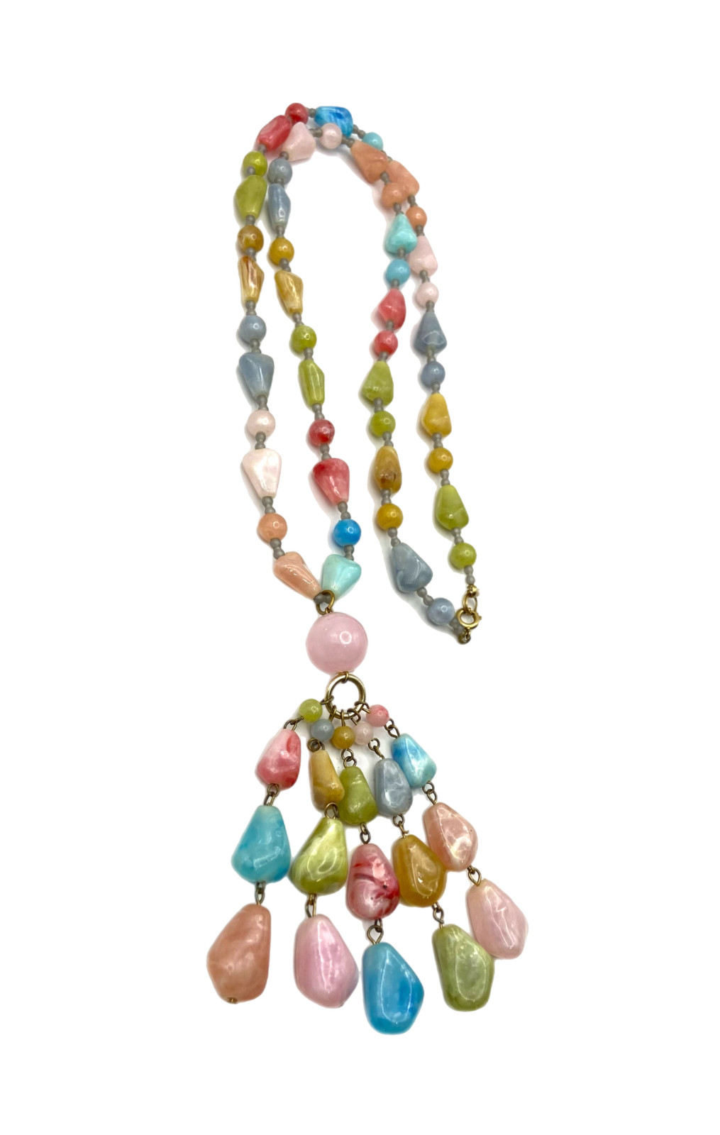 Vintage Chunky Pastel Multi-Color Beaded Tassel Pendant Necklace Plastic 30″