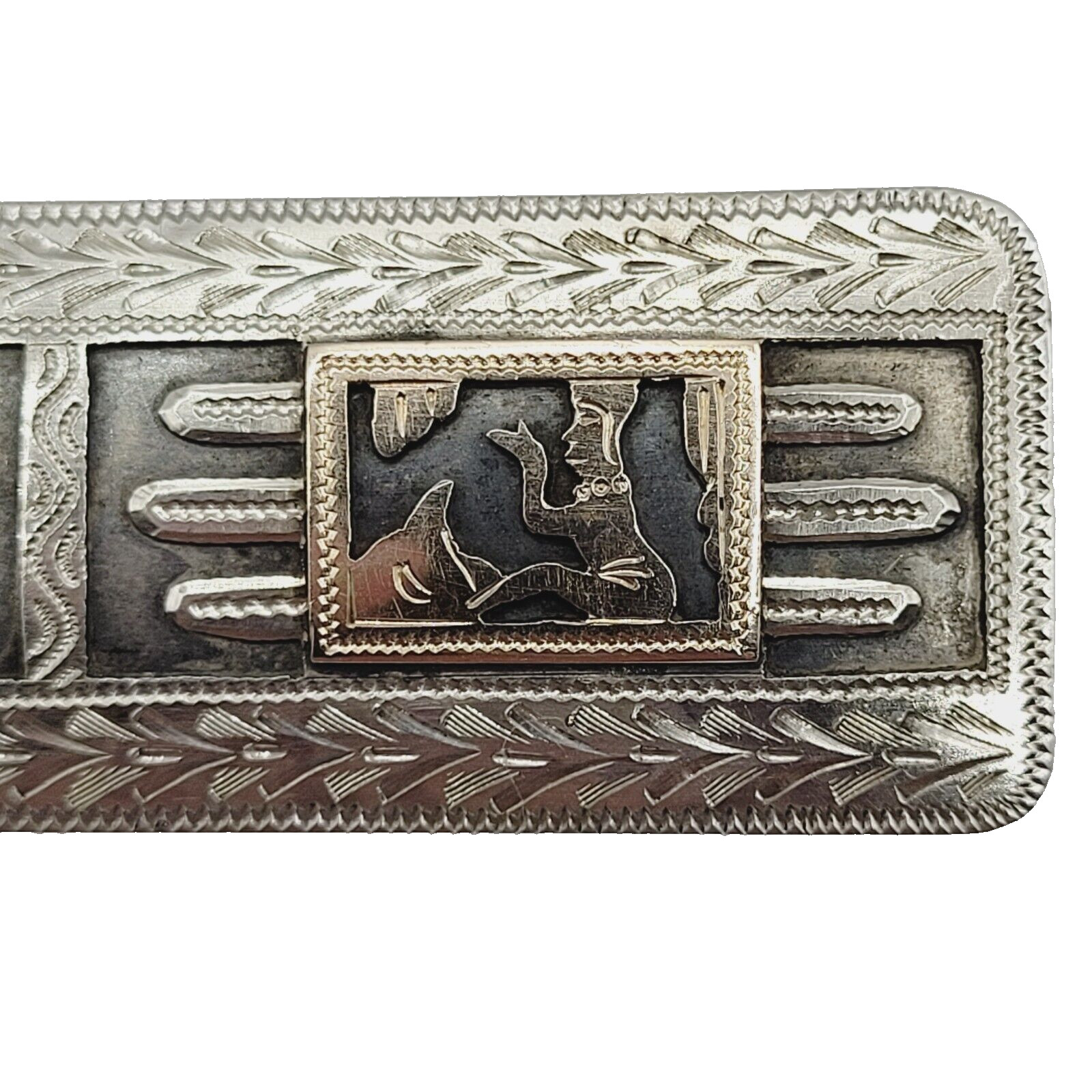 Guatemala Maya Mayan Relief Image Long Silver & Copper Tone Vintage Brooch Pin