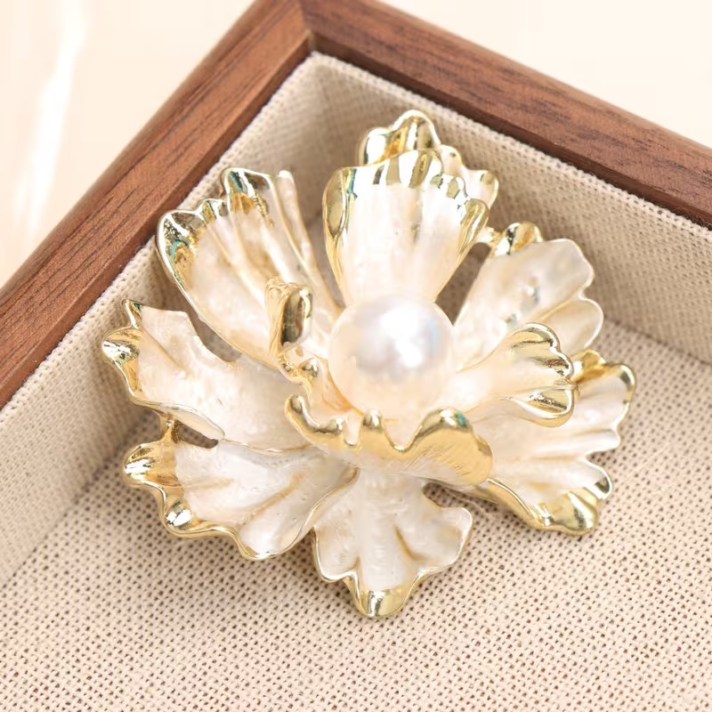 Baroque Lotus Flower Brooch – Gold‑Tone Finish with Pearl Center, Elegant Gift