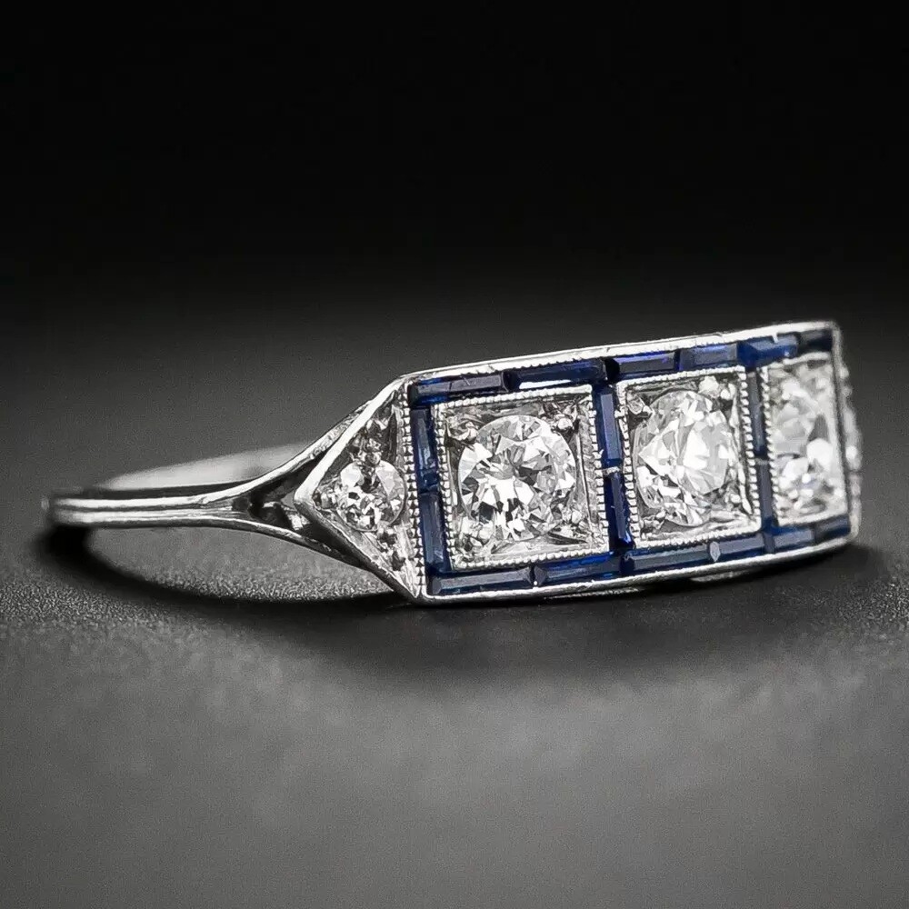 1.20CTW White Round Cut Simulated Diamond Three Stone Art Deco 925 Silver Ring