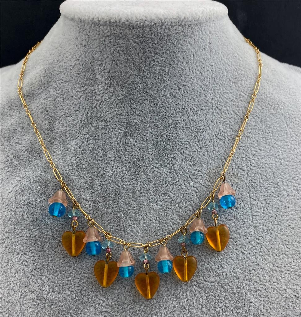 1970’s Pididdly Links Czech Glass Hearts & Flowers Charm Necklace 16″