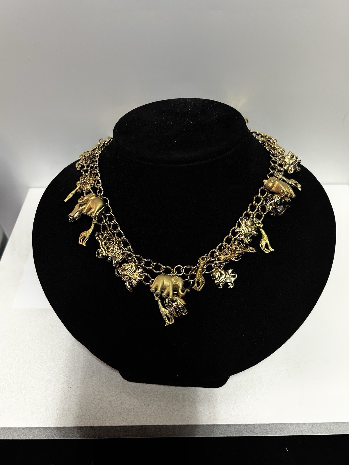 Vintage Gold Tone Safari Animal Crackers Charm Necklace Whimsical Costume