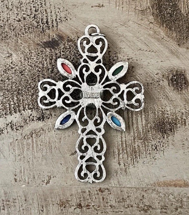 Vintage Avon Romanesque Cross 3” Pendant 1970s Silver Filigree Multicolor Stone