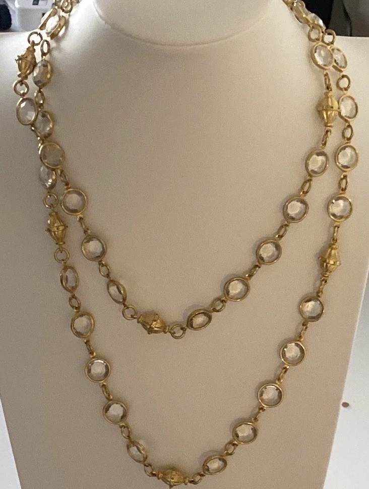 Vintage Gold Tone Bezel Set Swarovski Crystal Necklace 40 Inches Long