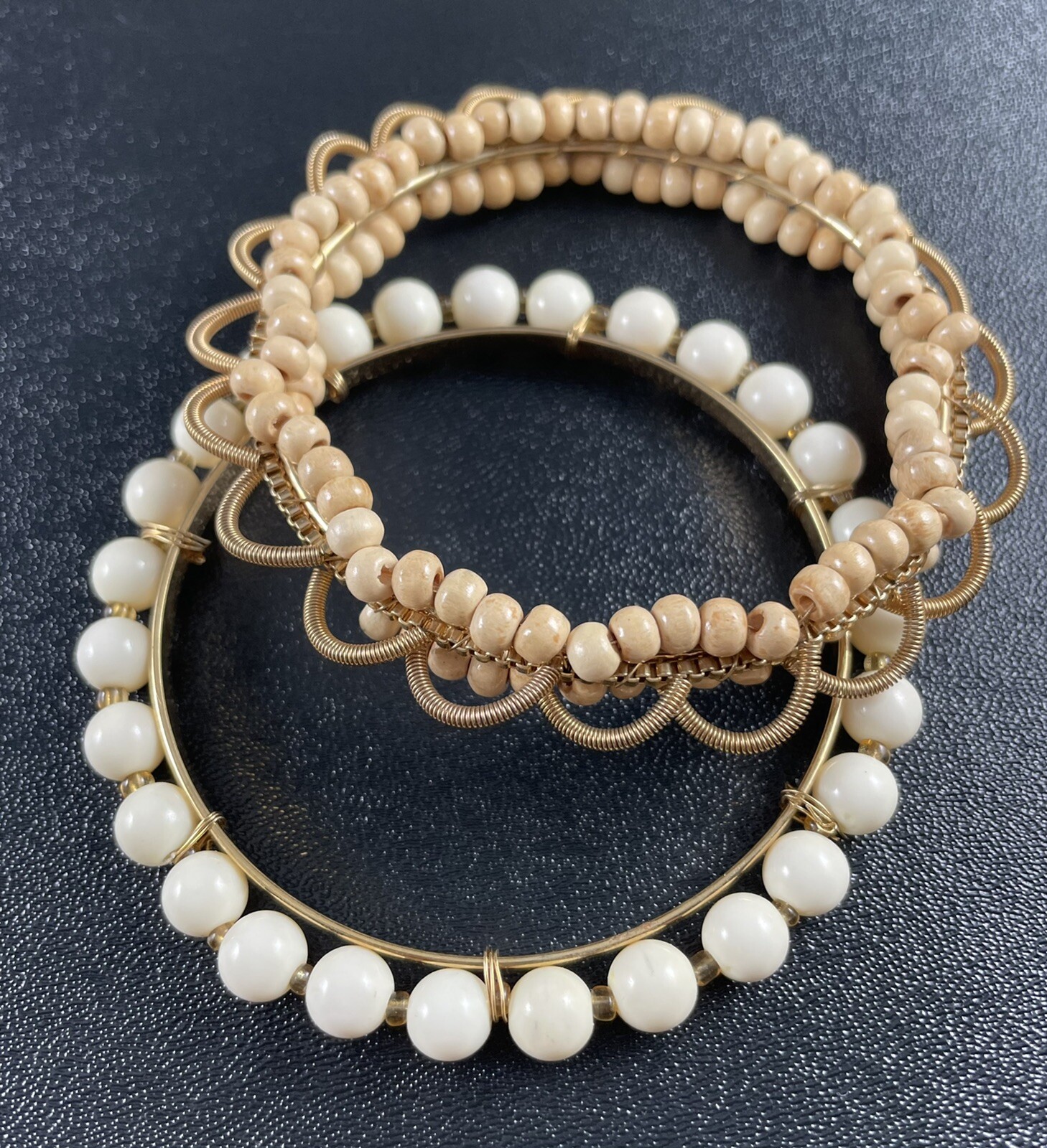 Vintage White & Brown Beaded Gold Tone Bangle Bracelets 2pc