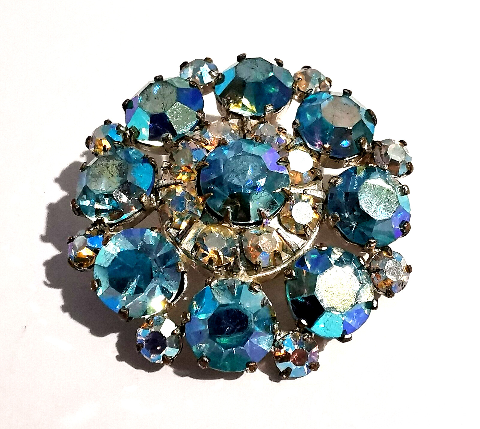 Vintage Czech Brooch Blue and Clear Colorless Dragon Breath Rhinestones Glass