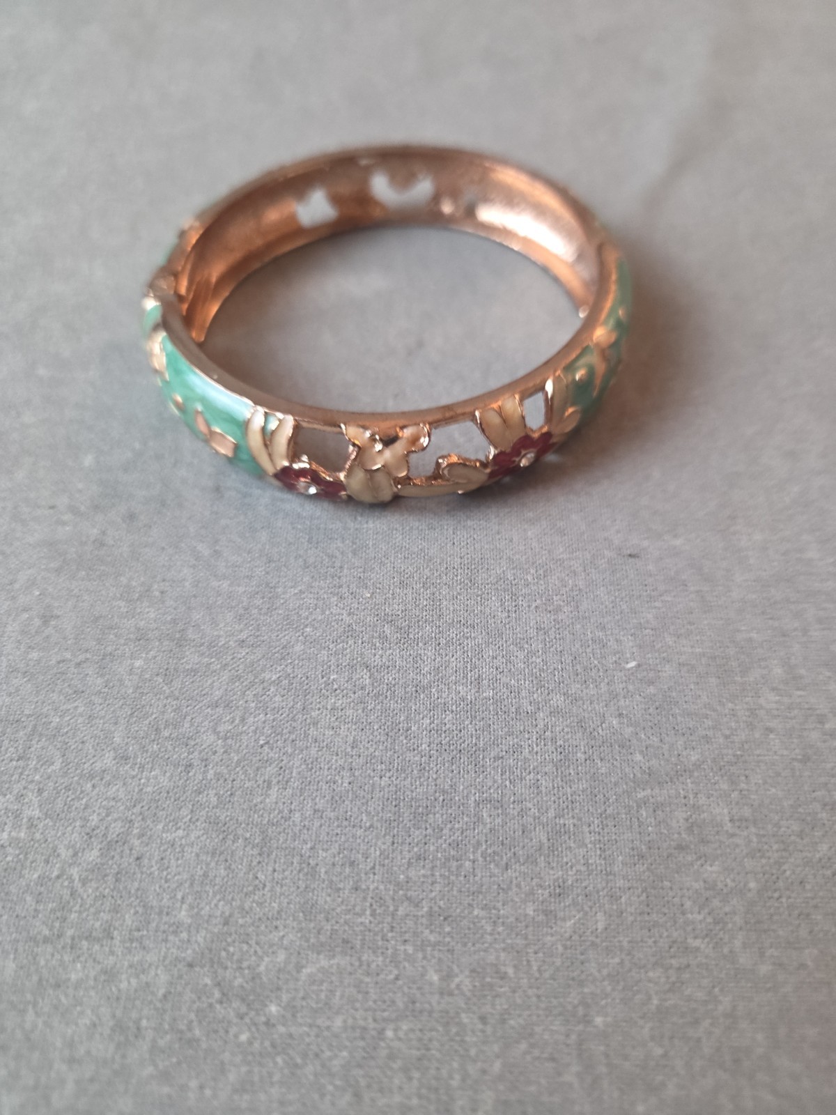 Signed UJOY Cloisonné Hinged Bracelet With Open Work Design Teal & Floral