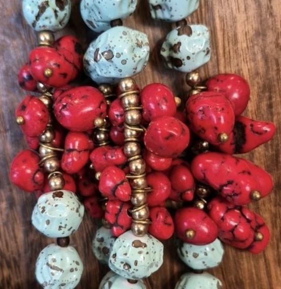Vtg Handcrafted Turquoise Red Coral Chunky Four Strand Beaded Statement Necklace