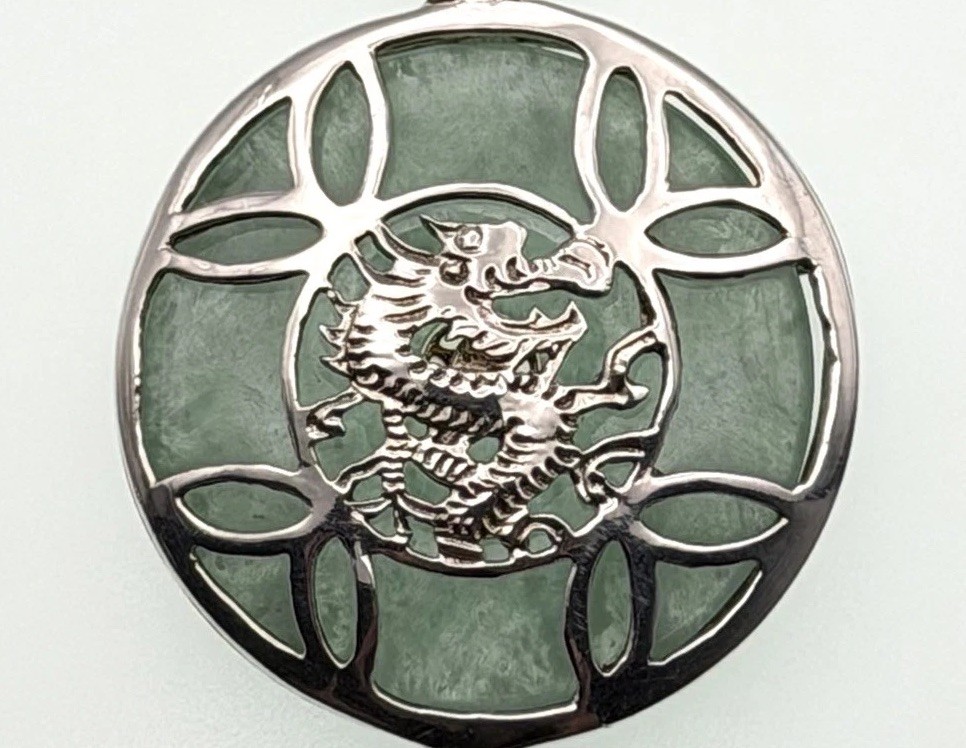 Vintage Sterling Silver Jadeite Jade Dragon Pendant Chinese Necklace 20” Chain