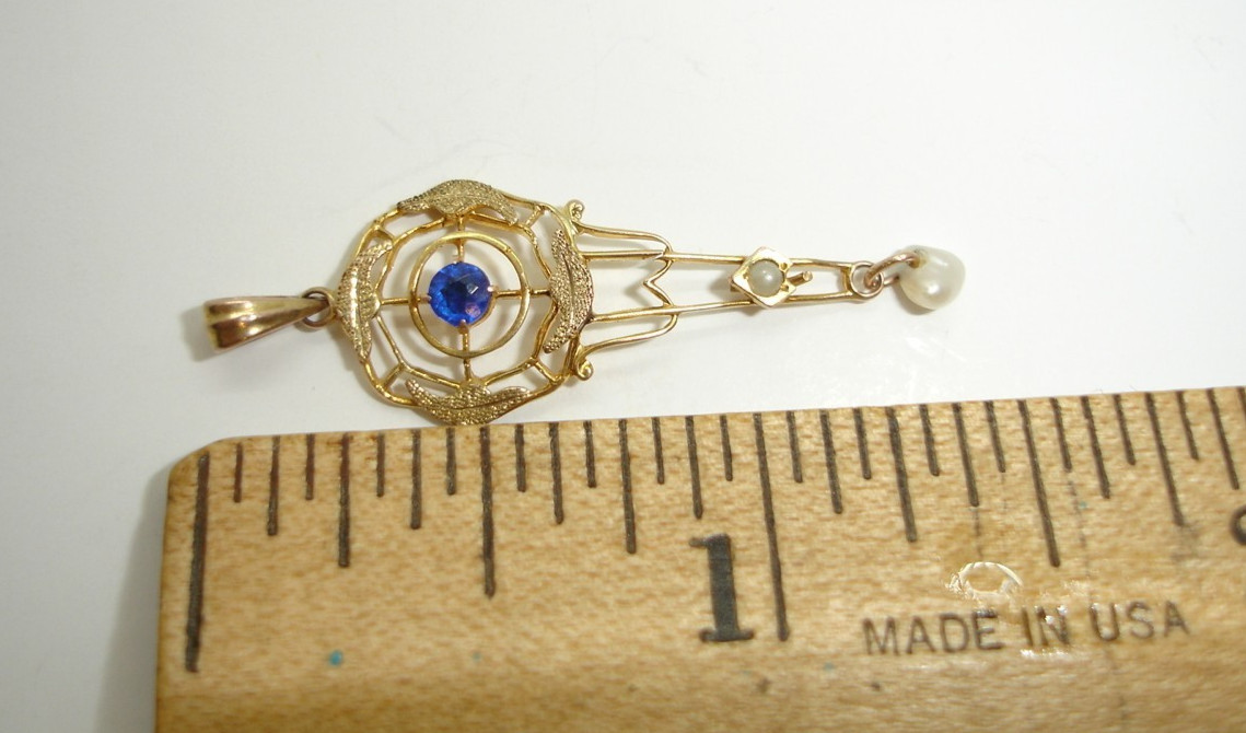 antique 10K gold blue birthstone Lavalier Pendant charm dangle drop wind pearl