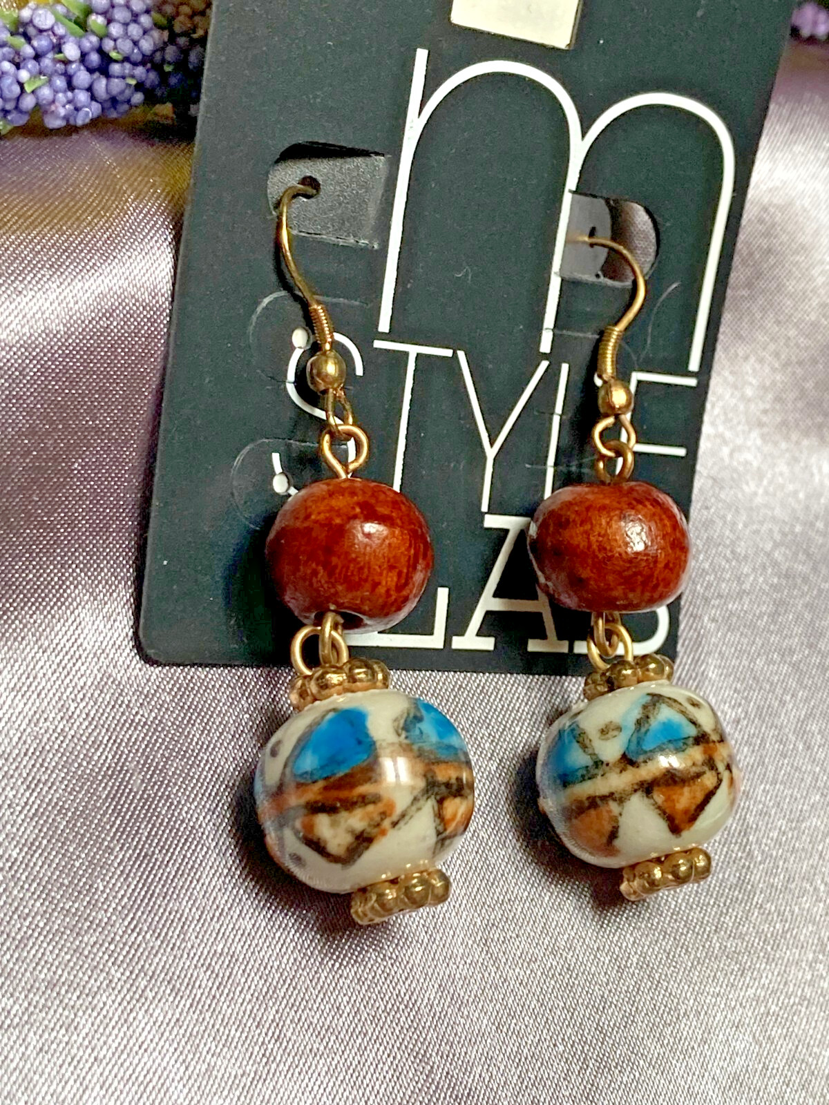 M Style Lab Vintage Fashion Hand Painted Ceramic & Wood Bead Dangle Earrings