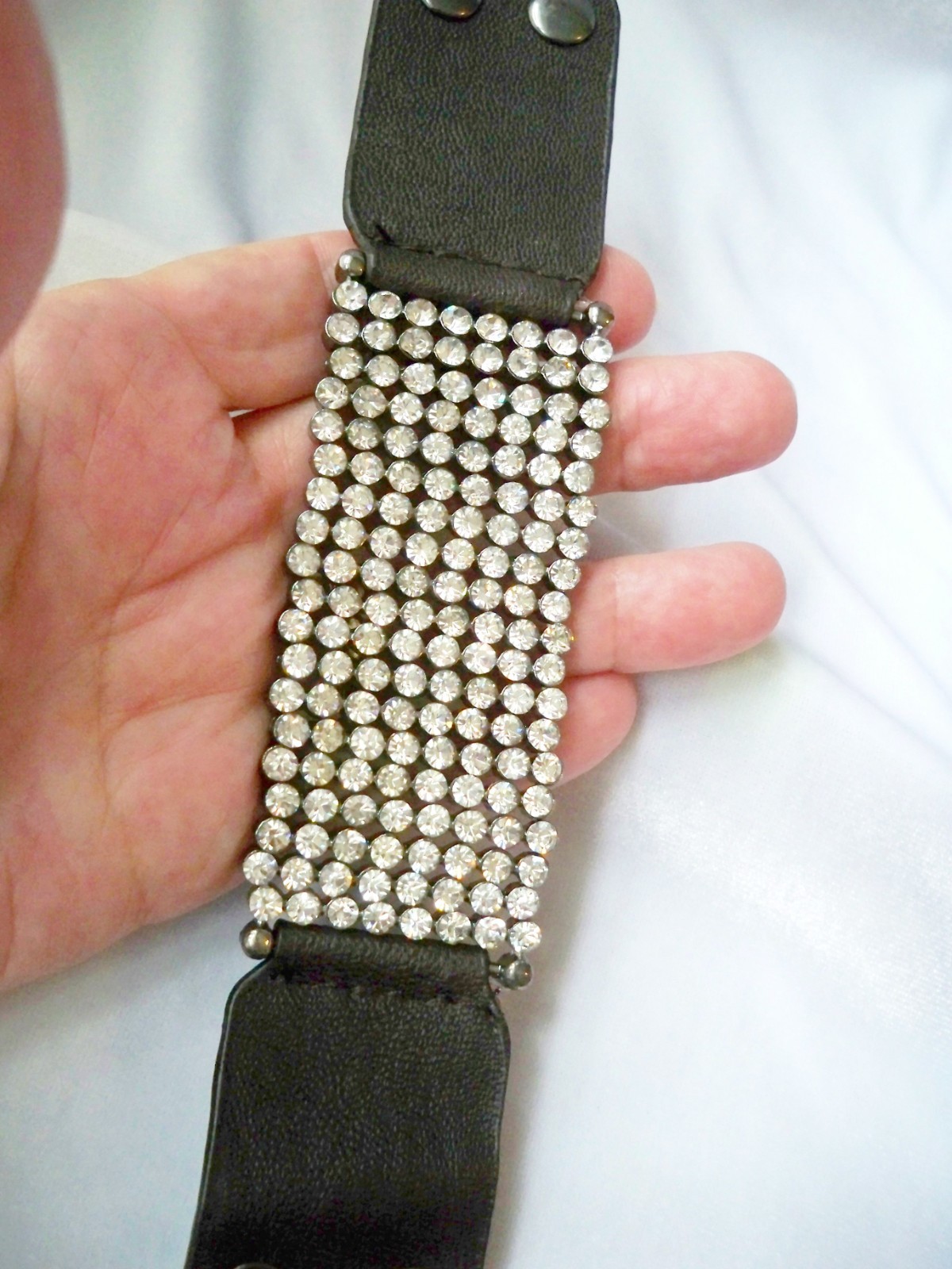 Wide 8 Row Pave Set Crystal Rhinestone & Black Faux Leather Snap Bracelet
