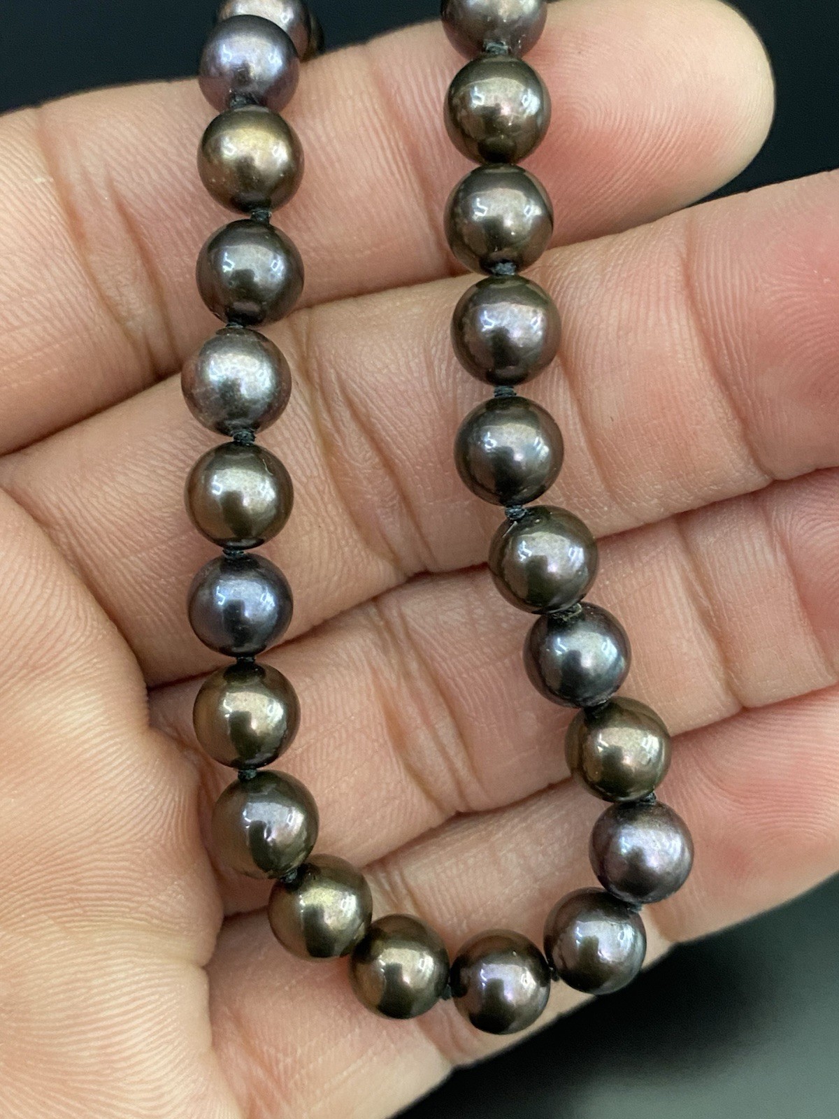 14K White Gold Fish Hook Clasp 6mm Hand Knotted Round Tahitian Pearl Necklace