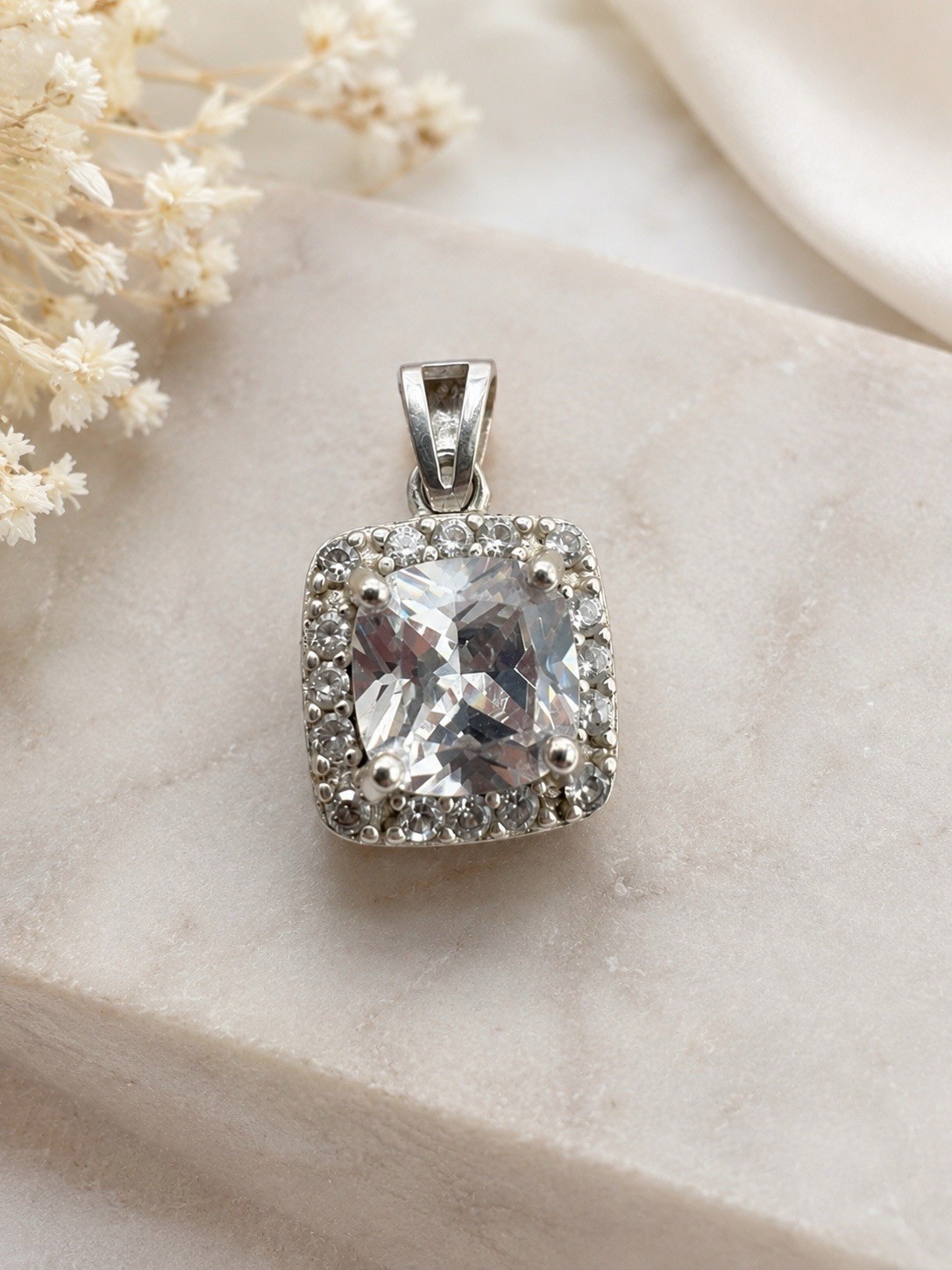 925 Sterling Silver Cushion Cut CZ Halo Pendant Clear Cubic Zirconia Square Vtg