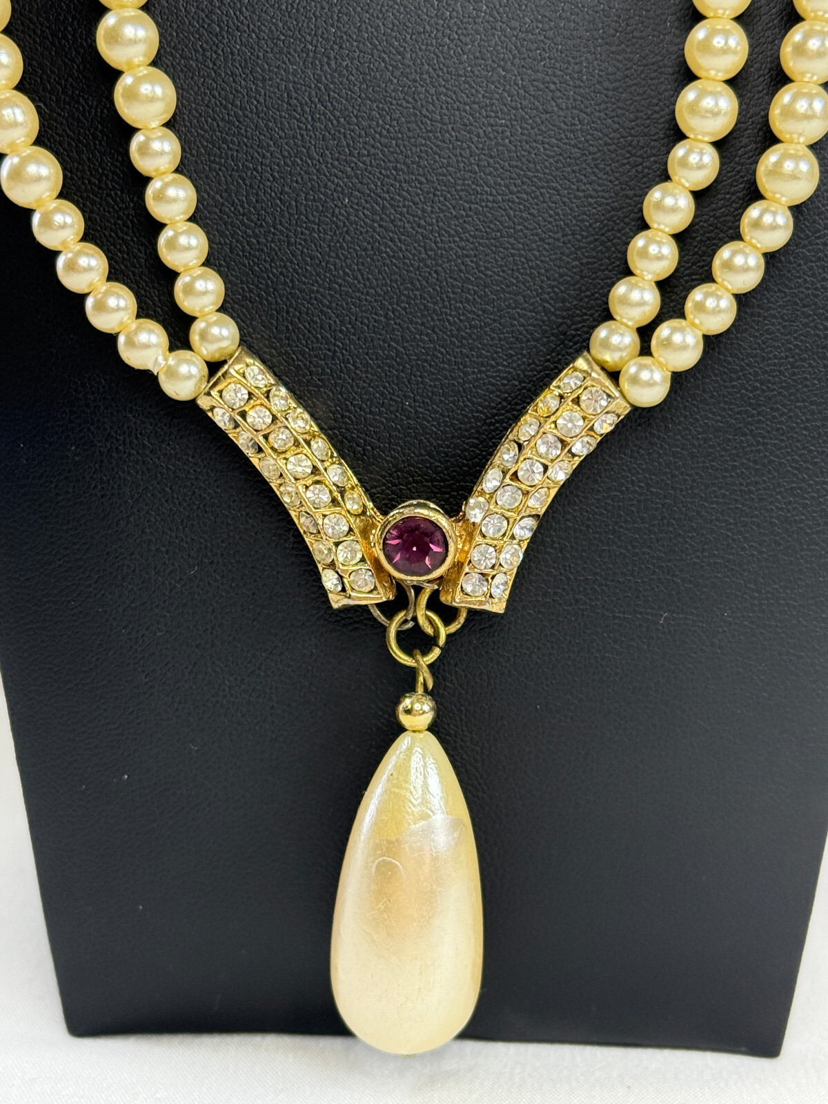 vtg 18″ Double Strand Faux Pearl Teardrop V Necklace 10kt Gold plated Wedding