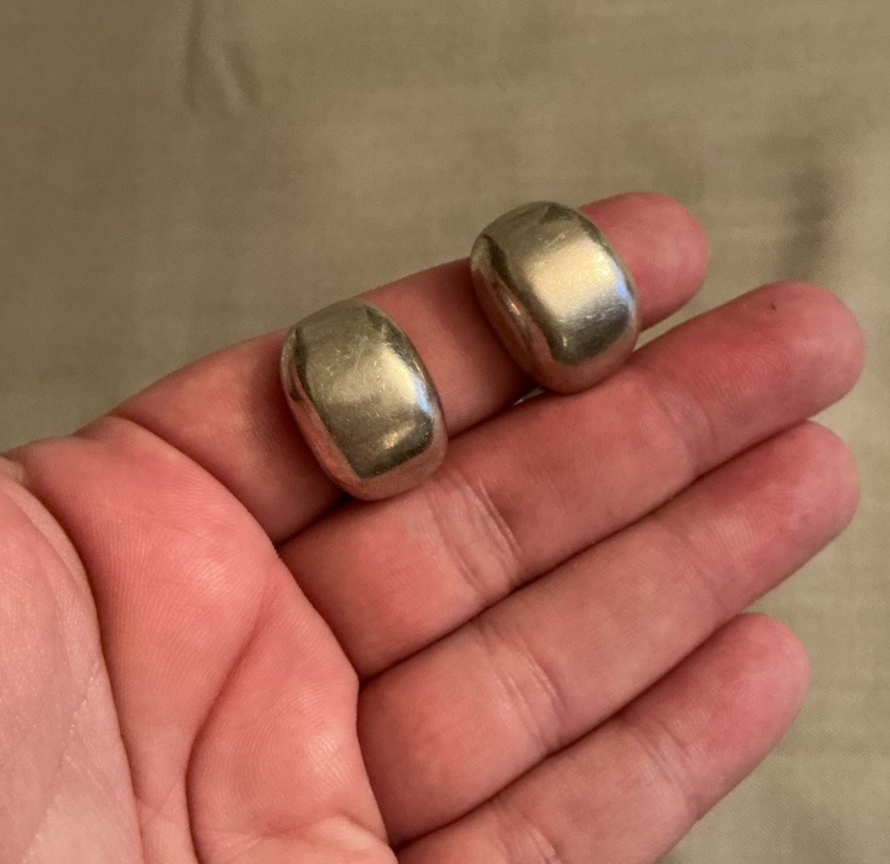 Vintage ATI Mexico Signed Puffy Sterling Silver Modernist Earrings Clip Curved