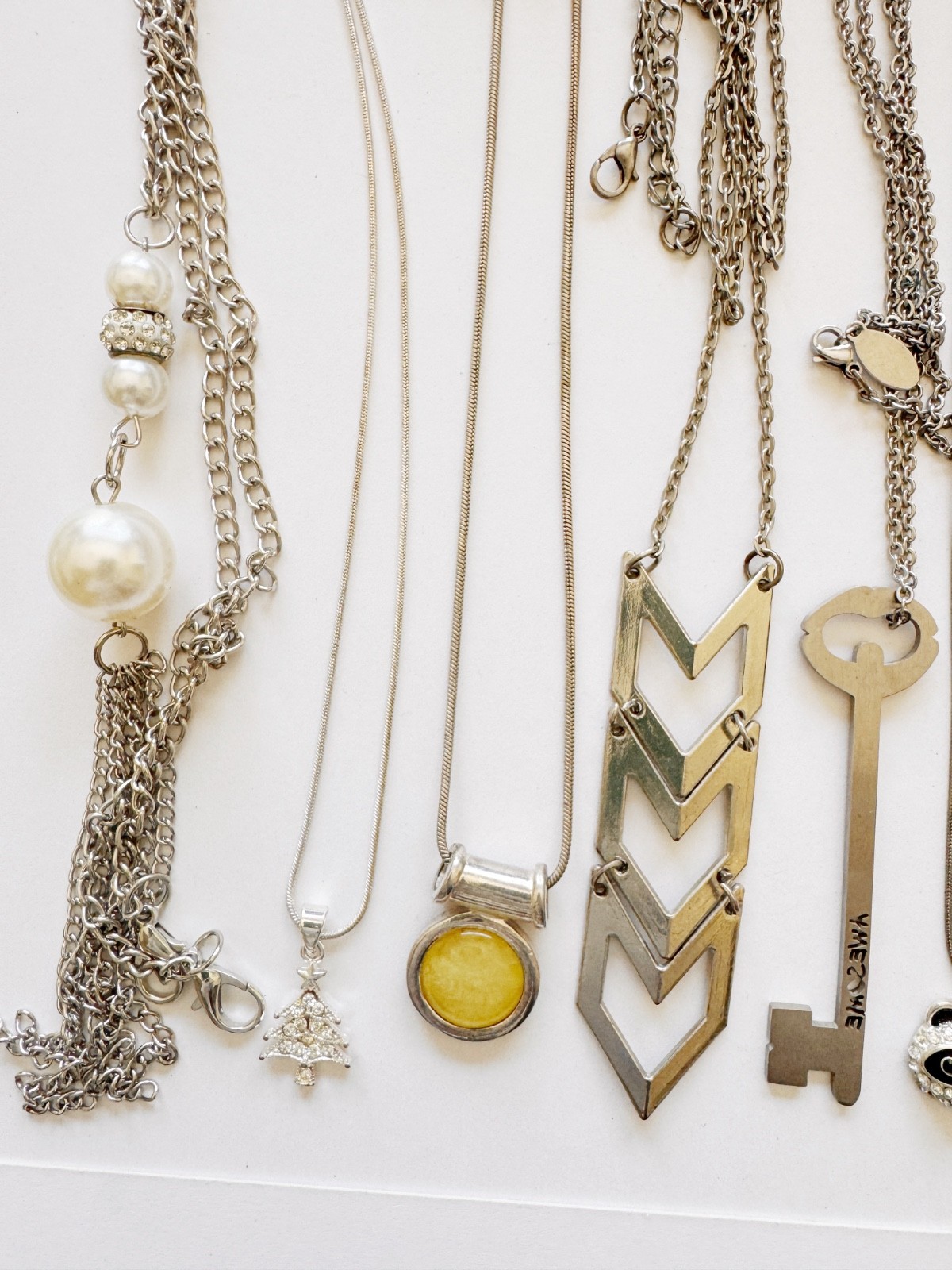 Vintage Silver Tone Necklace Lot 10 PCS Key Initial Pearl Pendant Layering Chain