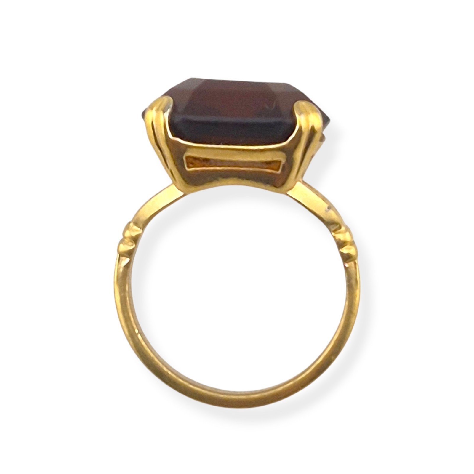 Vintage 1978 Avon Smoky Lustre Ring Emerald Cut Faux Topaz Glass Gold Tone Sz 7