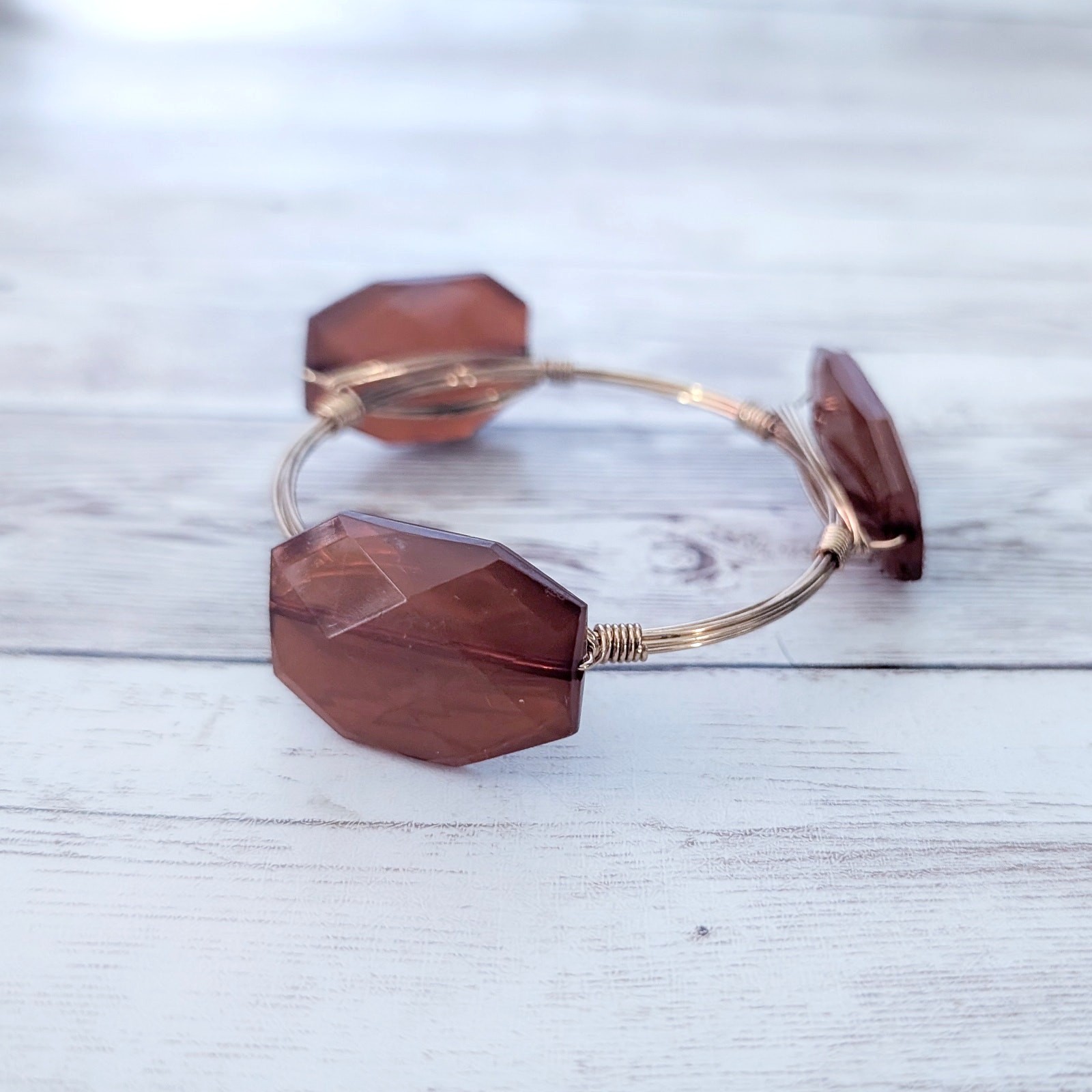 Gold Tone Statement Bracelet with Brown Faceted Accents