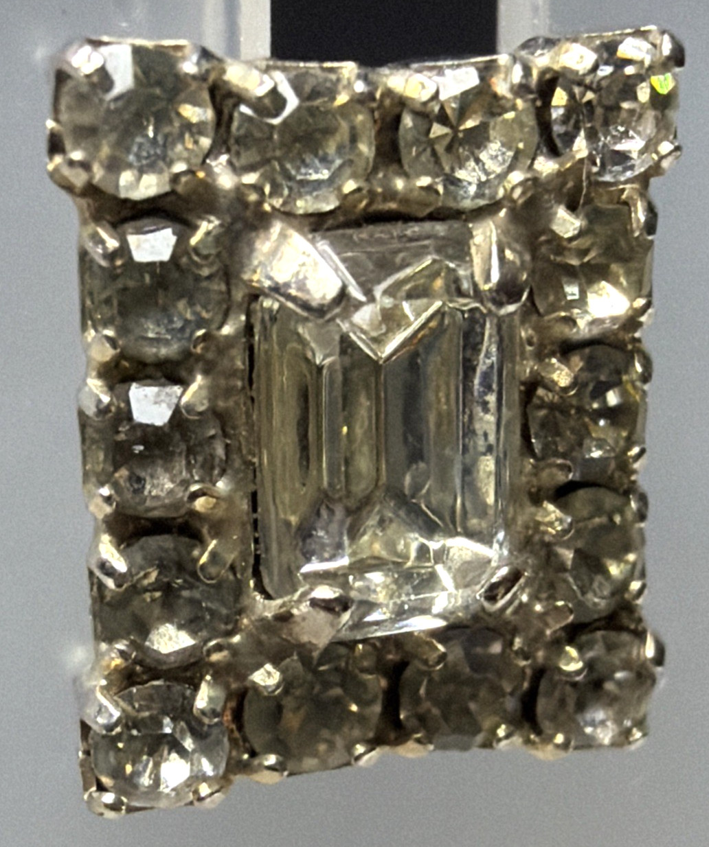 Vintage Emerald Cut Baguette Rhinestone Halo Cluster Pierced Earrings Prong Stud