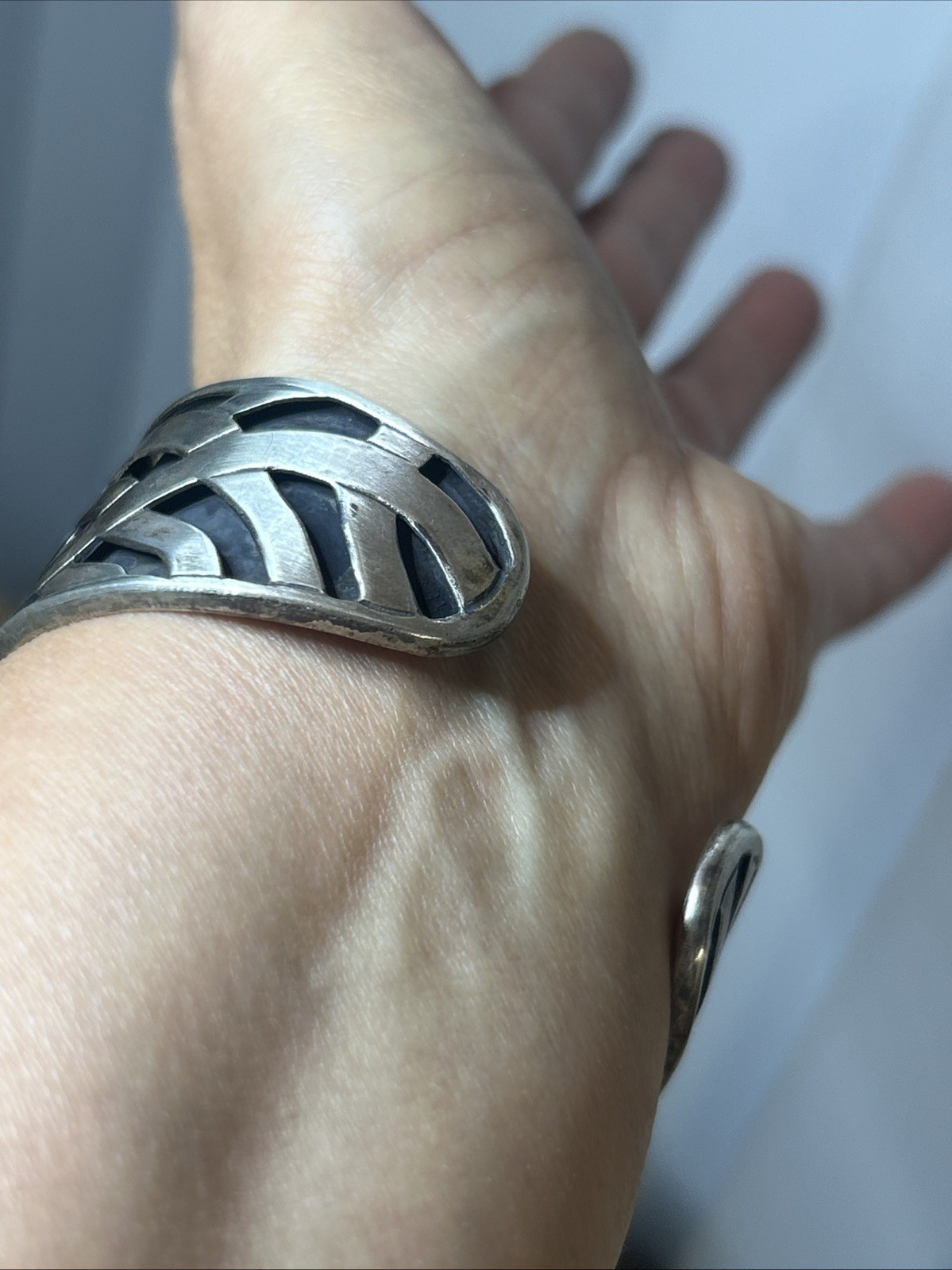 35. Vintage Early Taxco Sterling 925 Aztec Shadow Box Cuff Bracelet 7″,36.5g.Mex