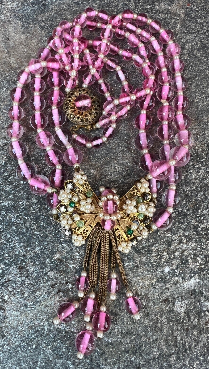 Early Miriam Haskell 3 Strand Pink Glass Festoon Necklace Faux Pearl Rose Monteé