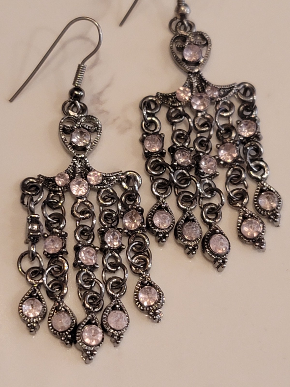 Vintage Style Chandelier Earrings Pink Rhinestone Gunmetal Dangle Boho