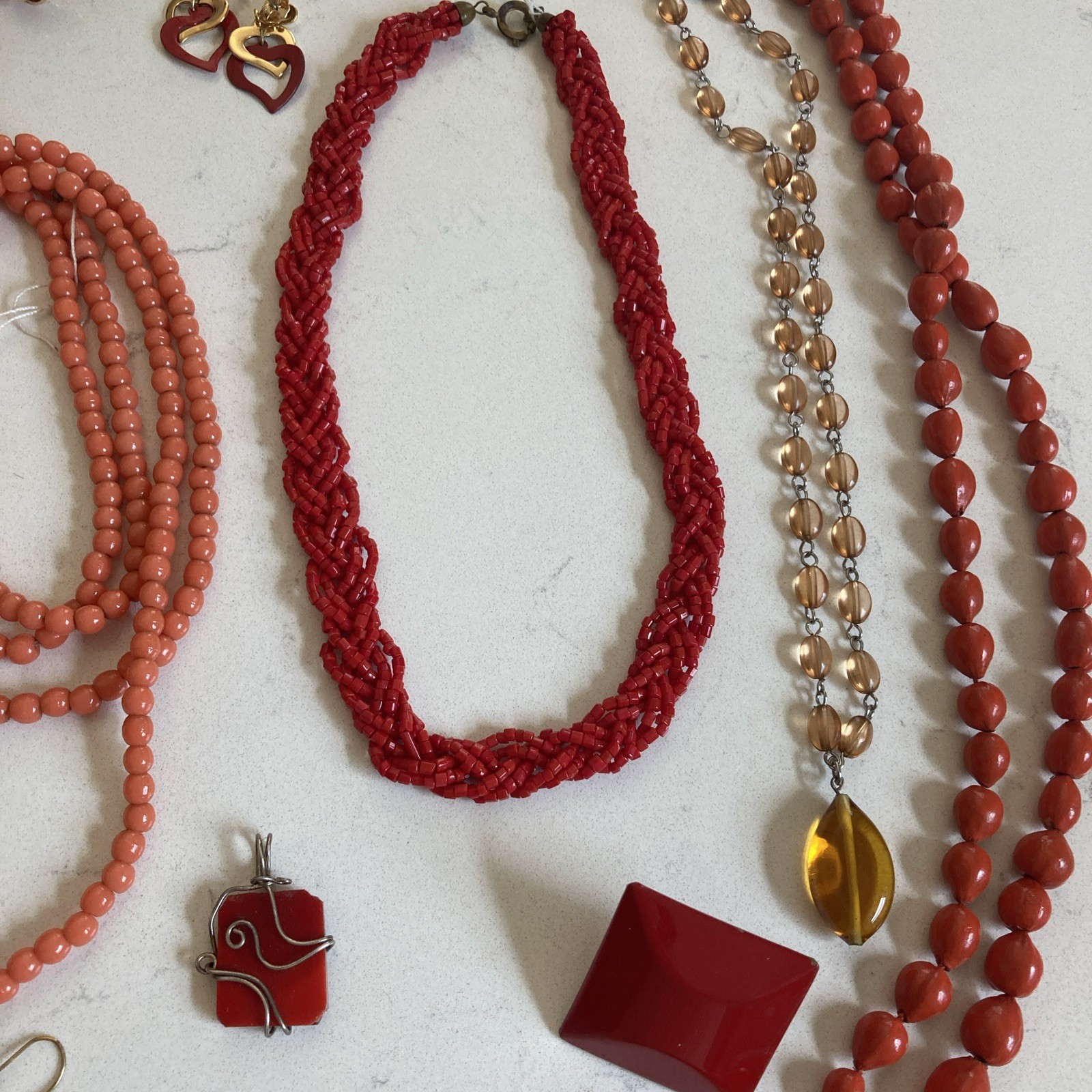 Vintage Red Orange Jewelry Lot Glass Bead Necklaces Earrings Sead Beads Pendant