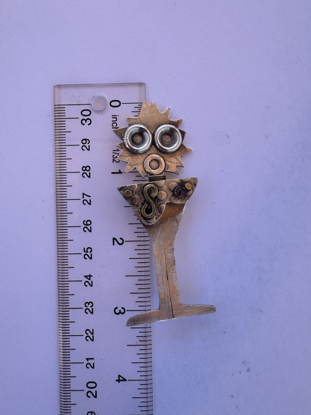 Sterling Silver Artisan Brooch, Mixed Metals Signed 15 Grams 3 1/4”