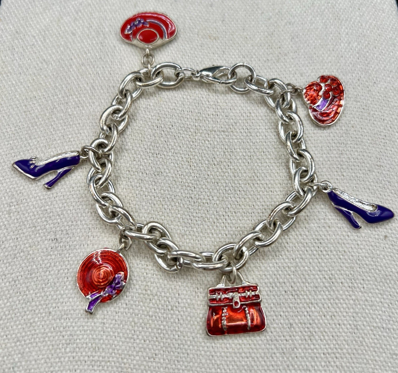 Vintage Enamel Charm Bracelet Purse Hat High Heel Shoes Silver Tone Fashion