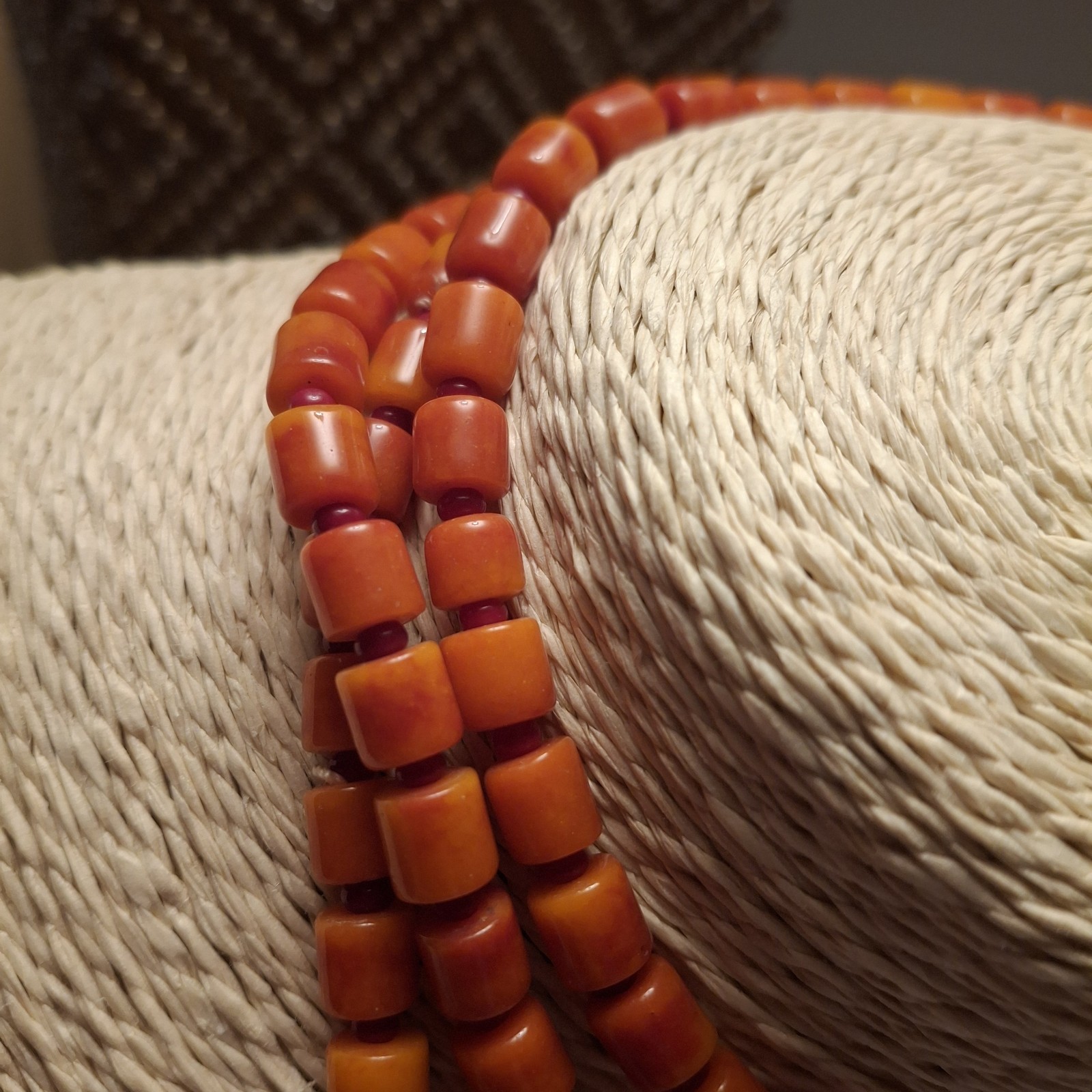 Vintage Necklace Genuine Orange Coral Barrel Red Glass Bead Spacers RARE 49″ ^