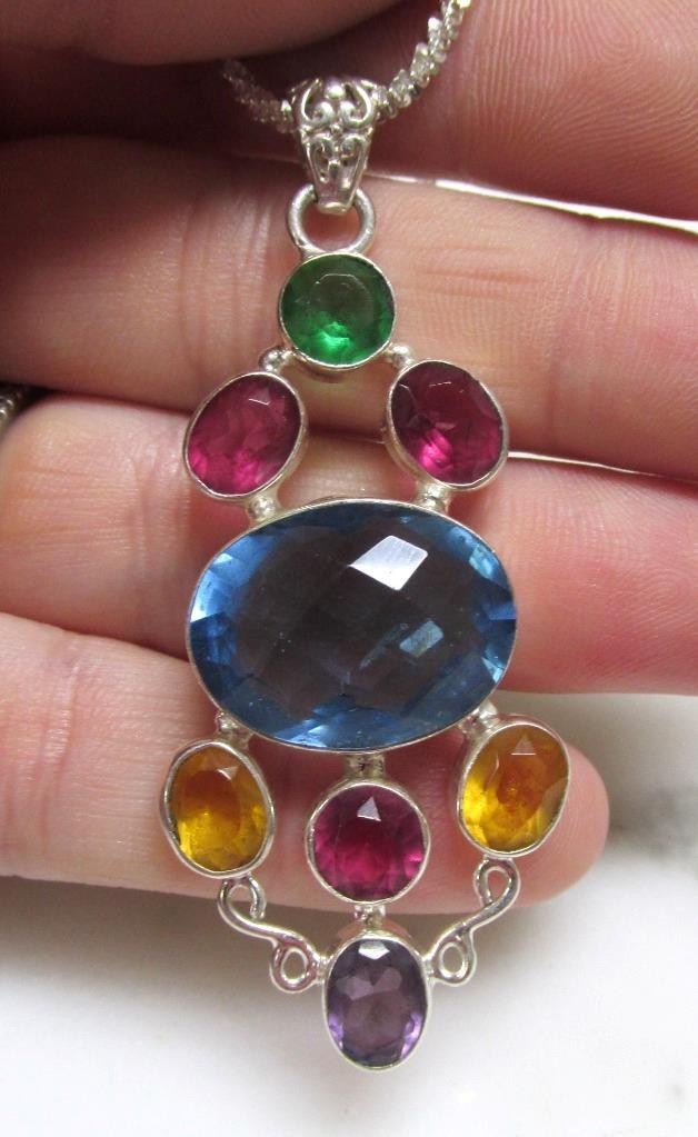 Gorgeous Sterling Silver Multicolor Stone Pendant w/ 22″ Chain ~ 17.5g ~ 9-I851