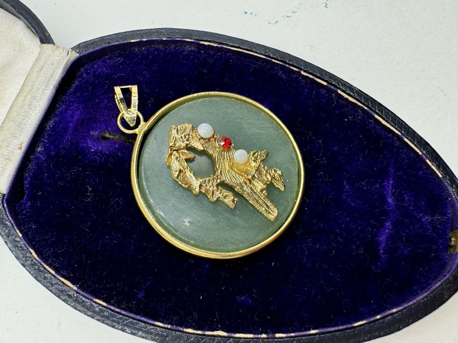 BIRD PENDANT ROUND CHINESE Semi Precious Gemstone NEW OLD VNTG LAPIS AVENTURINE
