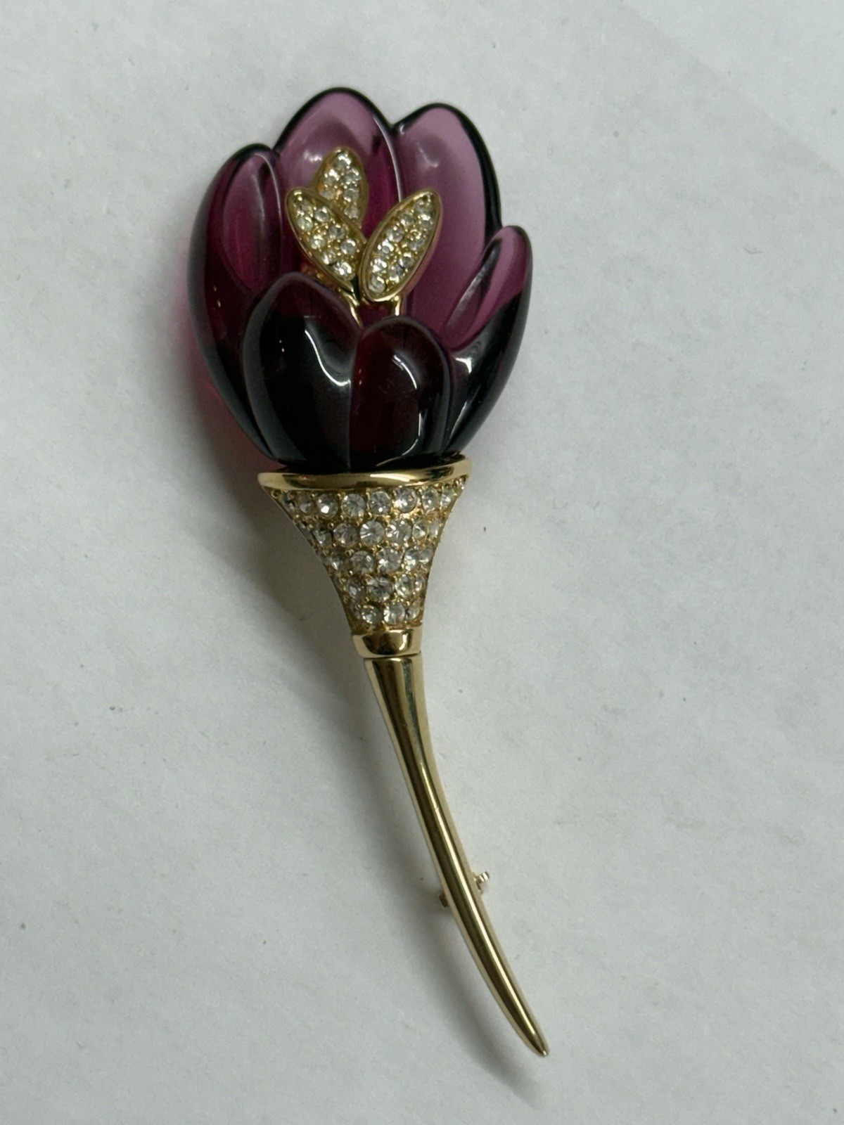 Nolan Miller Iris Floral Brooch, Amethyst Lucite, Rhinestones 3.5″