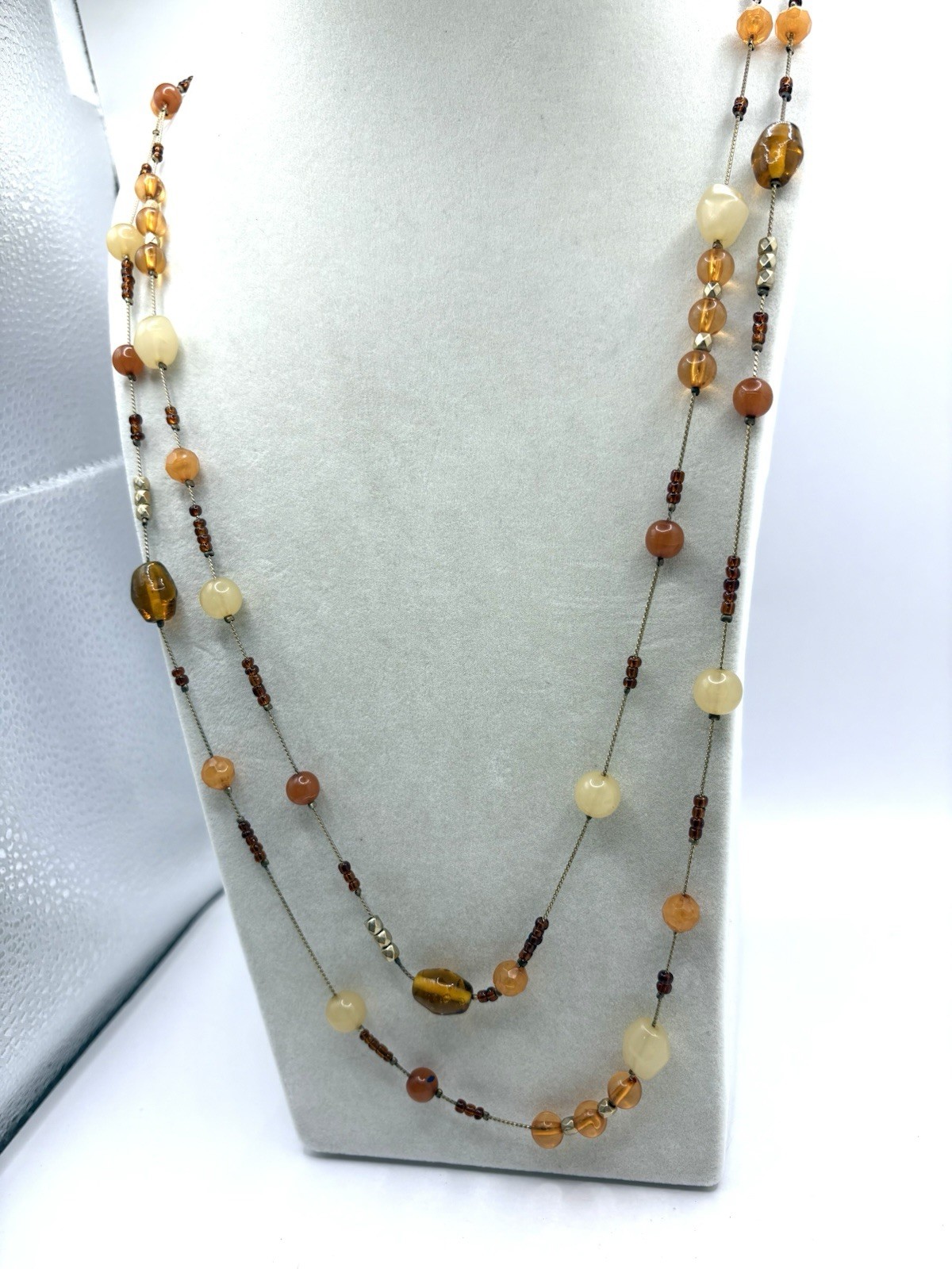 Amber & Honey Colored Glass Gold Tone Stationed Long Necklace By Designer VCLM