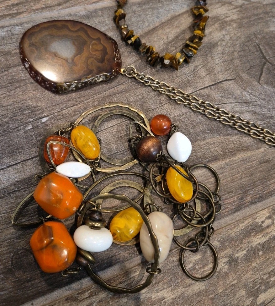 Vintage Stone & Mixed Metal Necklaces, Chipped Tiger’s Eye & Agate Slice Pendant
