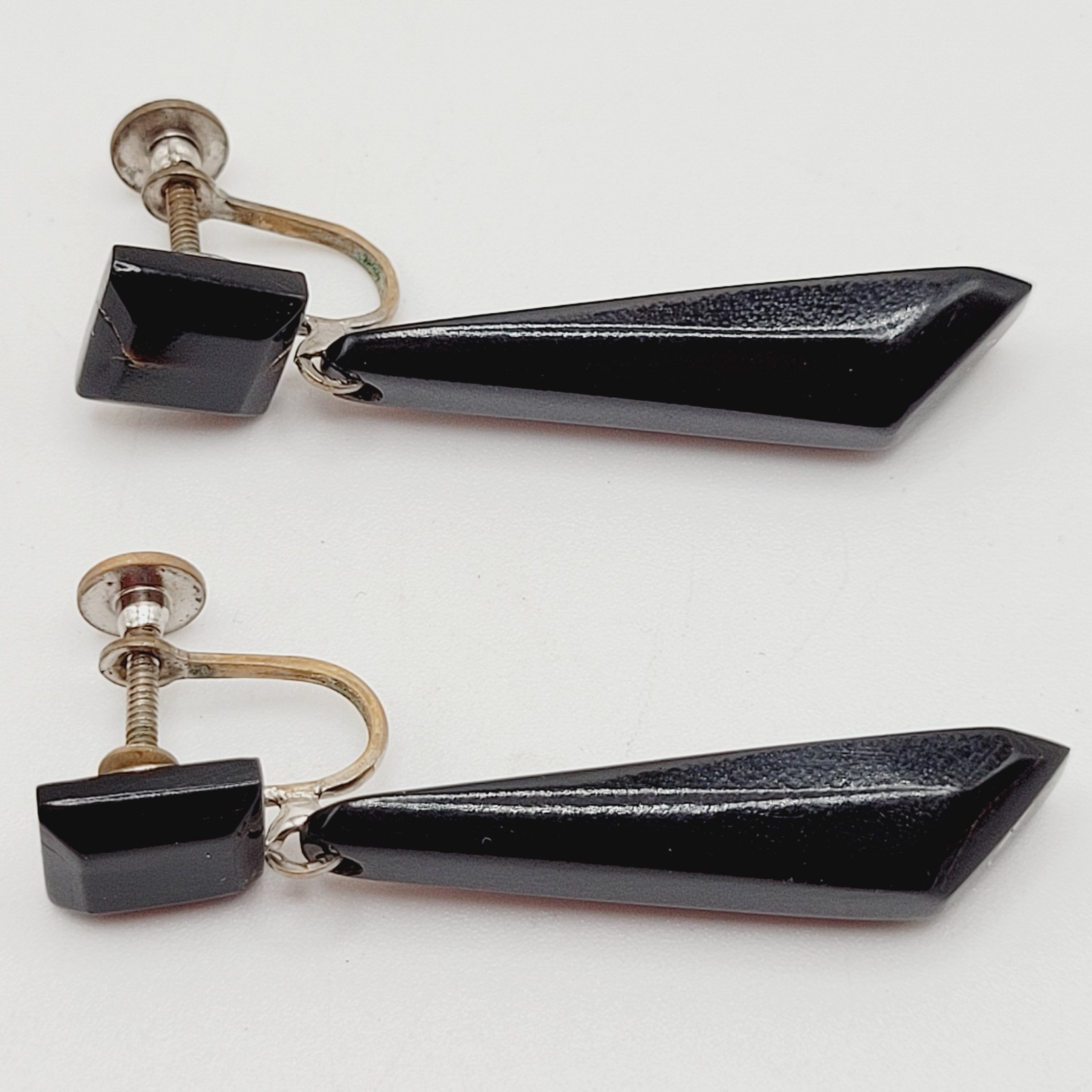 Hawaiian Natural Black Coral Vintage Screw Back Art Deco Style Dangle Earrings