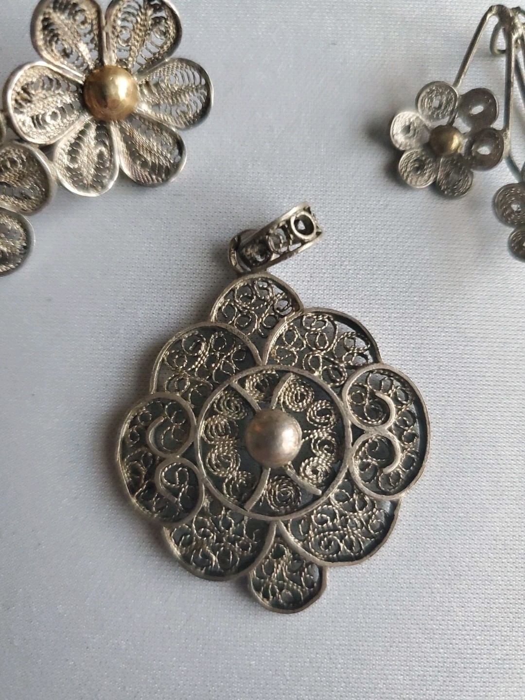 Vintage Filigree Round Metal Pendant and Matching Metal and Silver Pins/Brooches