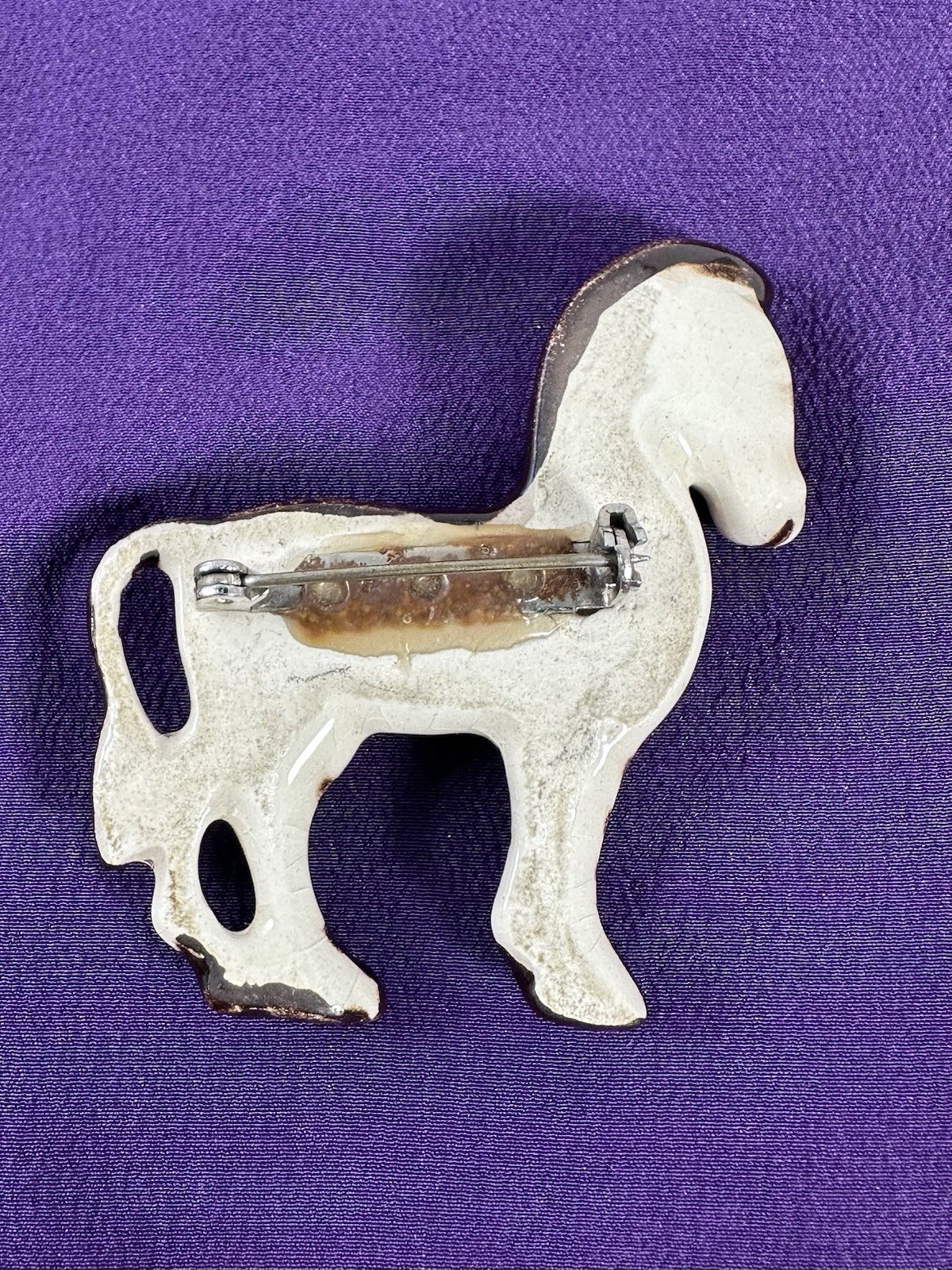 Vintage Beachstone Ceramic Zebra Brooch Pin Brown White
