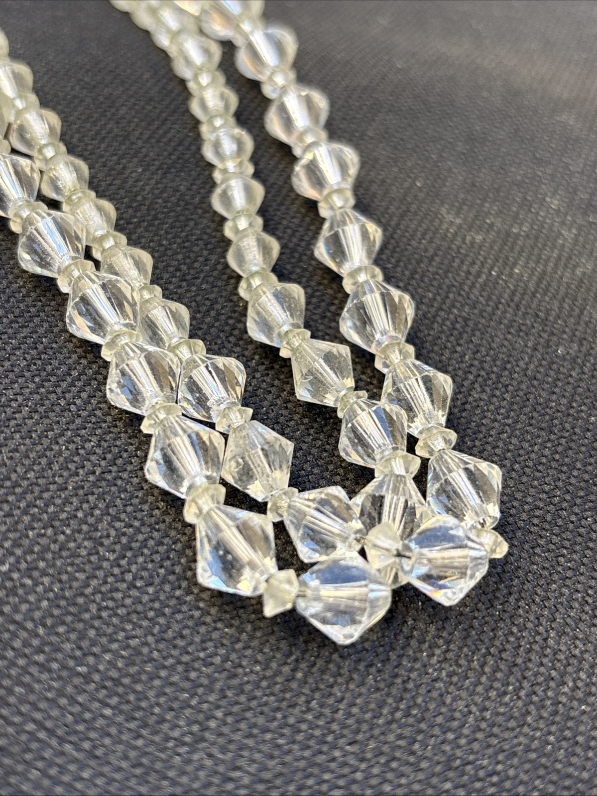 Vintage Clear Glass Crystal Prism/Faceted Bead Necklace String Fish Hook Clasp