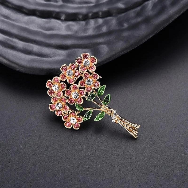 Women’s Pink Crystal Flower Bouquet Brooch Pin Gold Tone Rhinestone Floral Jewel