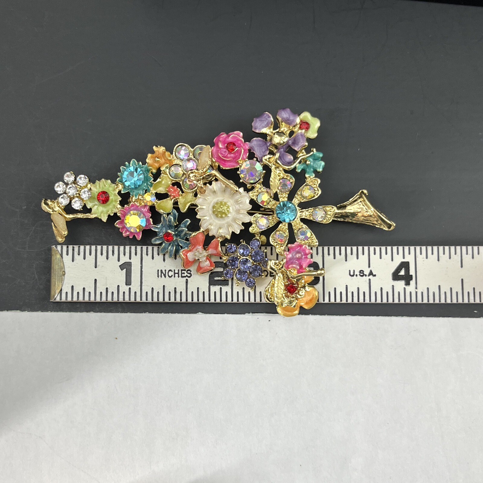 Gold Tone Christmas Tree Brooch Pin Floral Multicolor Rhinestone Pendant Large