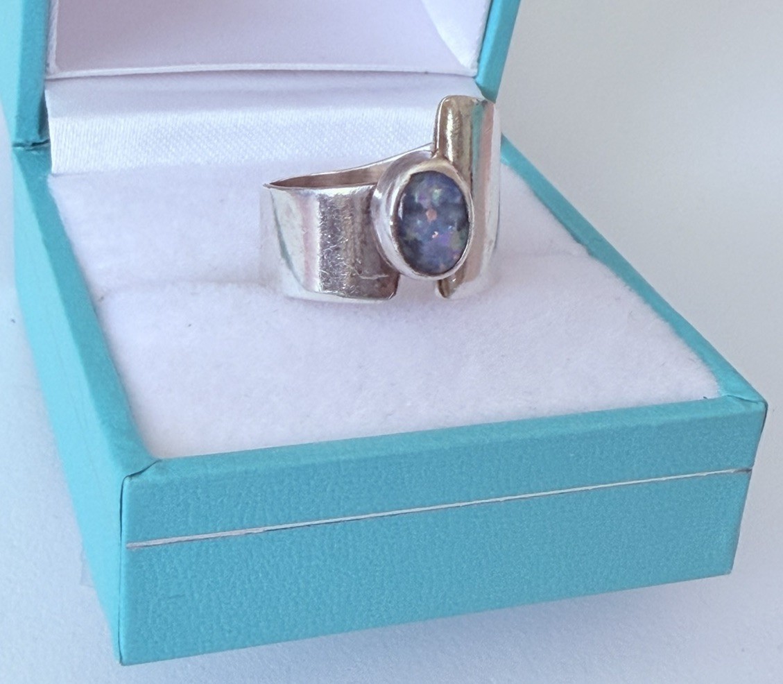 Artisan Hand Made Modernist Sterling 925 Black Opal Band Ring Sz 5.5