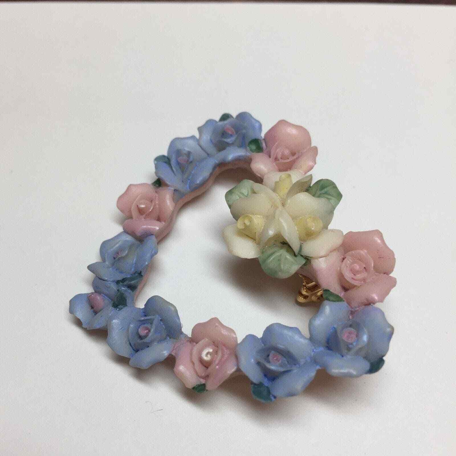 Avon HEARTS and ROSES Brooch Vintage Pin Pastel Yellow Pink Blue Floral Flowers