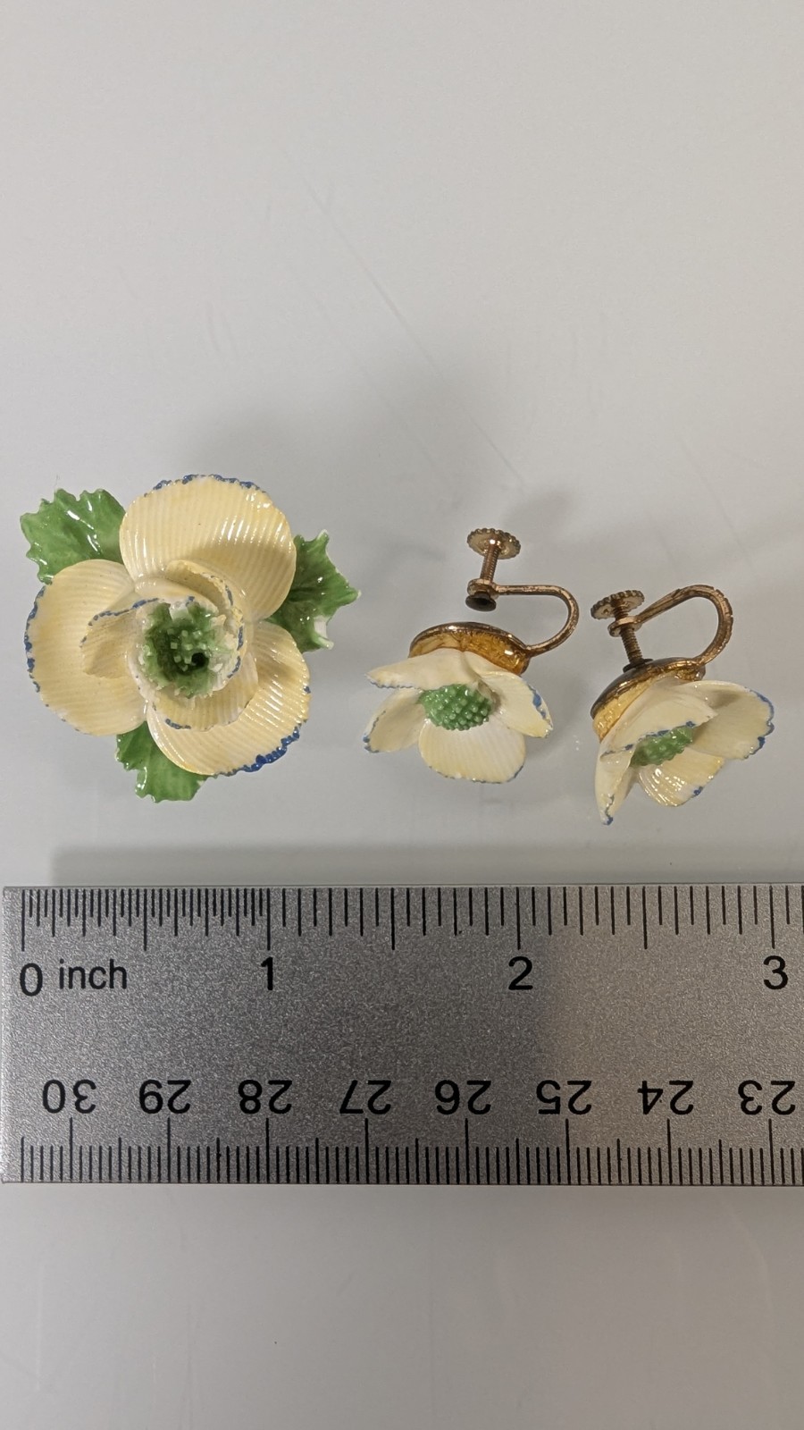 Vintage Adderley Floral Brooch +Earrings Made In England Porcelain Flower