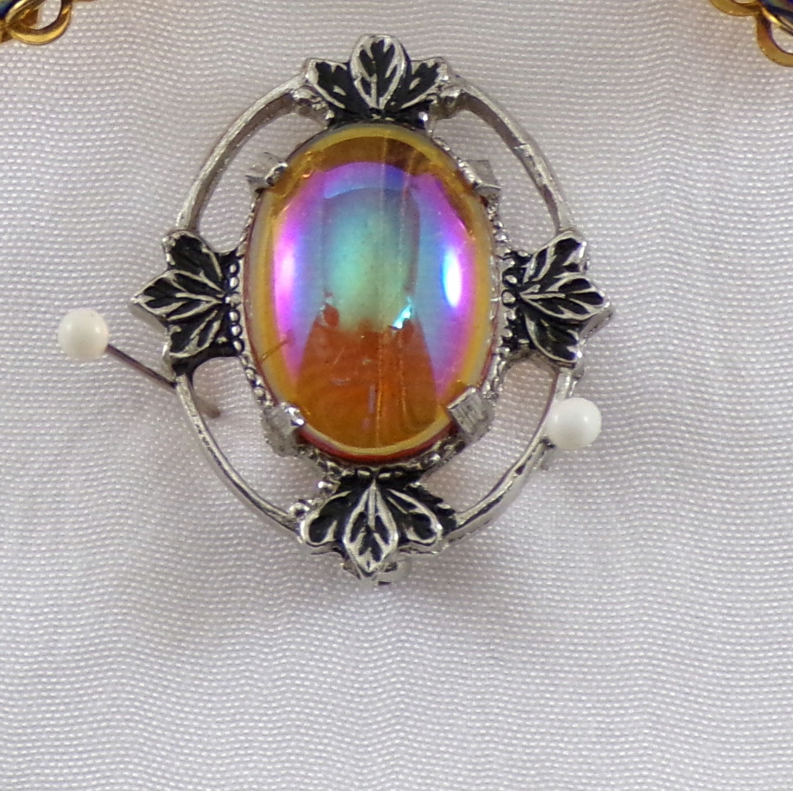 Vintage Iridescent EARRINGS and BROOCH PIN Oil Slick Glass Cabochon 1950-60s