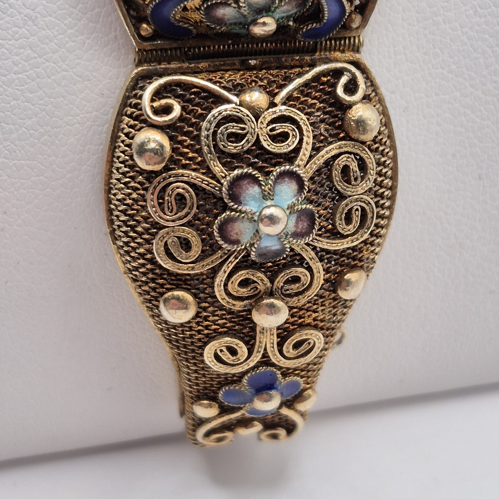 Vintage Silver W/ Gold Wash Chinese Export Tourmaline Enamel Filigree Bracelet