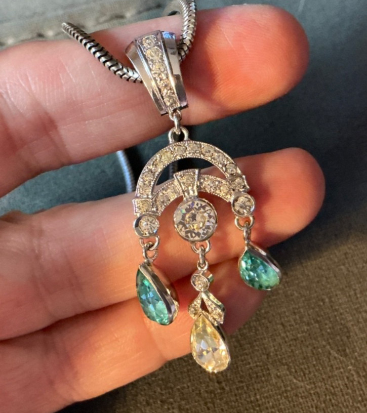 GORGEOUS Edwardian Sterling Silver Blue Crystal Pendant Drop Necklace 16″ Long